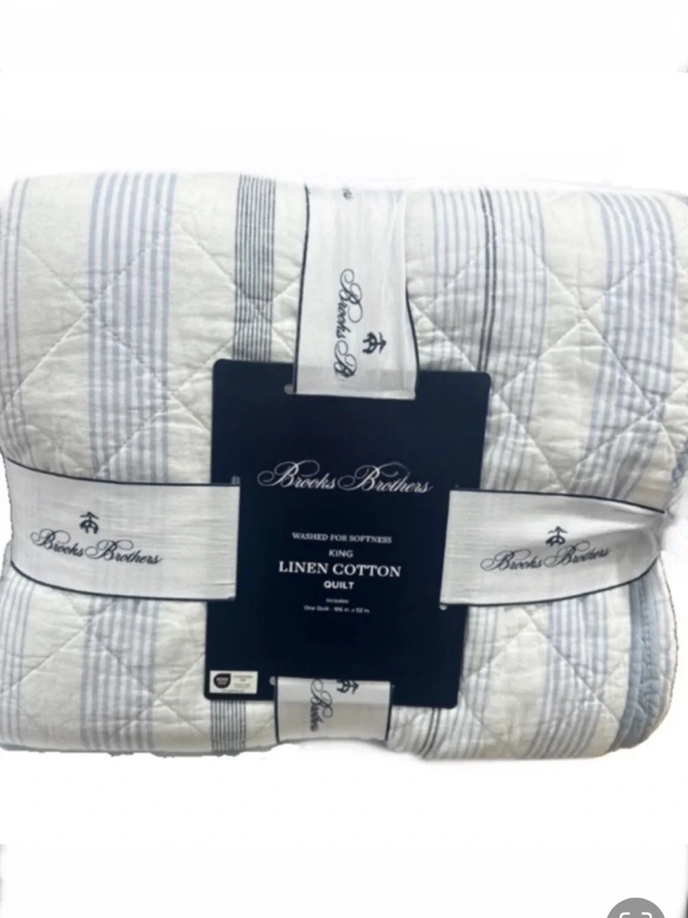 Brooks Brothers King Linen Cotton Quilt - Light Gray with Subtle Stripes